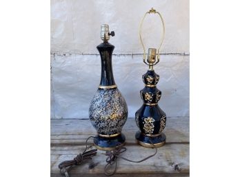 Two Mid Century Ceramic Lamps In Black Gold And White Glazes