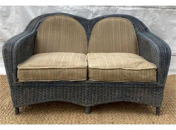 Vintage Wicker Loveseat In Blue Grey With Striped Corduroy Upholstery