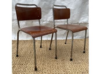 Pair Vintage Pagholz Industrial Bent Plywood & Metal Stacking Chairs In Style Of W.H. Gispen