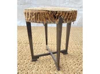 Vintage Or Antique Pony Hair In Tiger Stripe And Wood Vanity Stool With Star Nail Heads