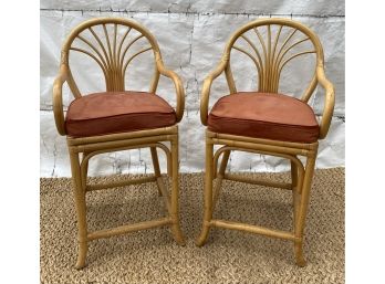 Vintage Pair Of Bent Wood And Rattan Bar Stools