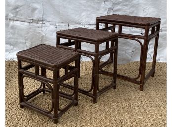 Set Of 3 Vintage Wicker And Bent Wood Nesting Tables