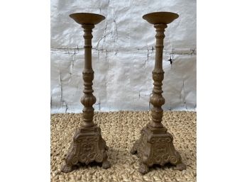 Antique Pair Rococo Cast Iron Tall Footed Candleholders