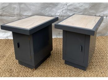 Pair Of Vintage Art Deco Style Wood And Marble Top Side Tables Or Night Stands