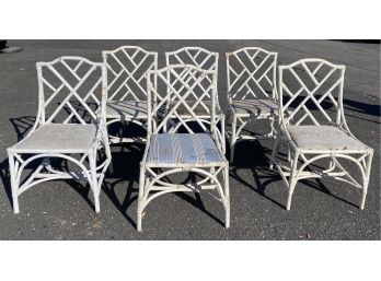 6 Vintage Rattan And Bent Wood Chairs Painted White In The Style Of Cal Fern, Chippendale