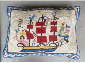 Vintage Hand Sewn Wool And Linen Needlepoint Viking Ship Pillow