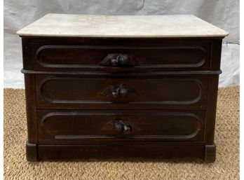 Antique White Marble Top And Wood 4 Drawer Dresser With Hand Carved Pull Handles