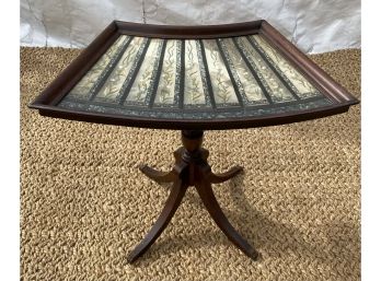 Antique Mahogany And Embroidered Silk With Glass Top, Fan Shaped Pedestal Base Table