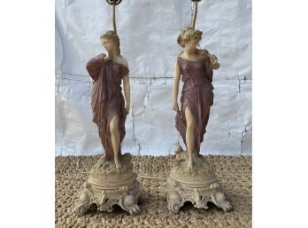 Vintage Pair Of Cast Iron & Plaster Neoclassical Roman Goddess Figural Lamps
