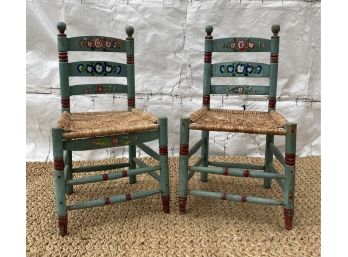 Pair Of Vintage Hand Painted Woven Rush Seat Accent Chairs