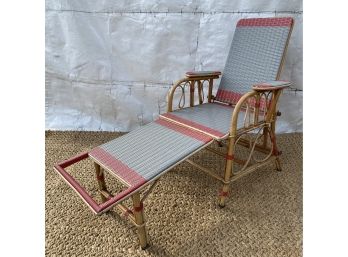 Vintage Bamboo & Strap Cord Reclining Lawn Patio Lounge Chair In Grey And Red