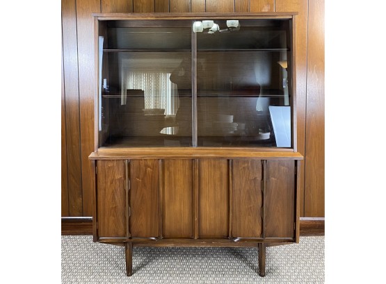 Mid Century Breakfront Buffet Credenza With Sliding Glass Front