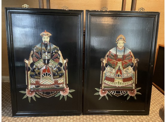 Pair Of Chinese Lacquer Wall Art Or Screens Of Emperor And Empress
