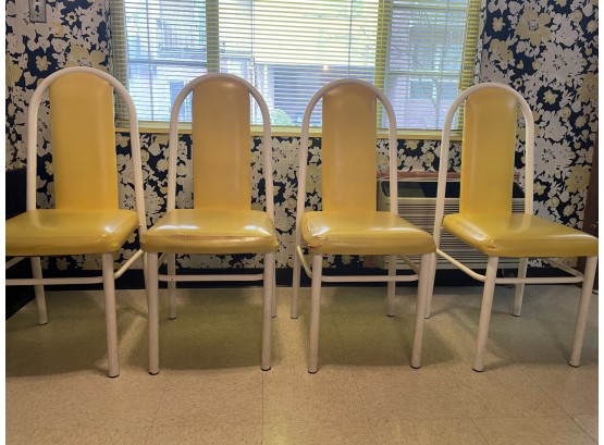 Four Mid Mod Chairs In White Metal And Yellow Upholstery