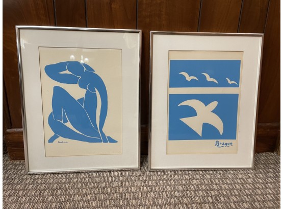Pair Of Framed White And Blue Art Prints - Matisse And Braque