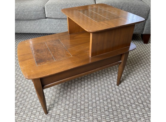 Mid Century Two Tier, ONe Drawer With Inlay Top And Tapered Leg, Side / End Table