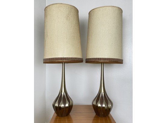 Pair Of Danish Mid Century Modern Brass And Wood Veneer, By Laurel Table Lamps