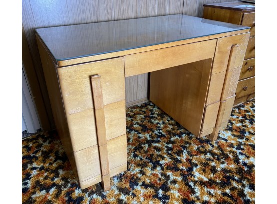 Deco Or Mid Century 7 Drawer Knee Hole Desk In Maple With Glass Top -
