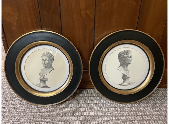 Pair Vintage Circular Wood Frames In Black And Gilt With Images Of Busts