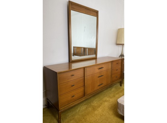 Mid Century 9 Drawer, Long Dresser And Wood Frame Mirror Set Entine By Unagusta