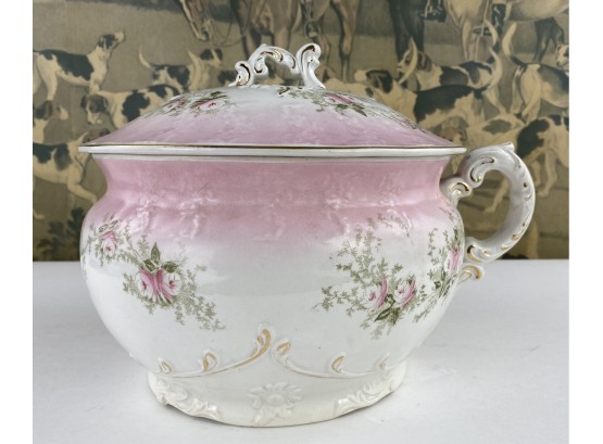 Large Antique Porcelain With Gilt And Pink Floral Motif Soup Terrine
