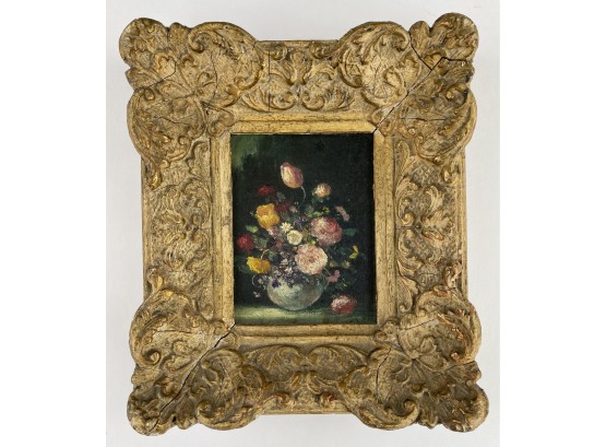 Antique Original Oil On Canvas In Gilt Frame Of Floral Arrangement, Signed