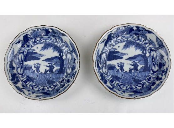 Pair Blue And White Asian Hand Painted Cermaic Or Porcelain Bowls