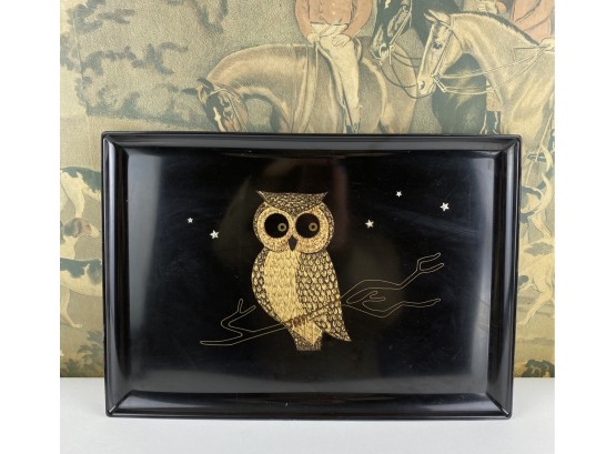 Mid Century Couroc Phenolic Resin Serving Tray, Inlaid Wood And Metal Owl And Stars