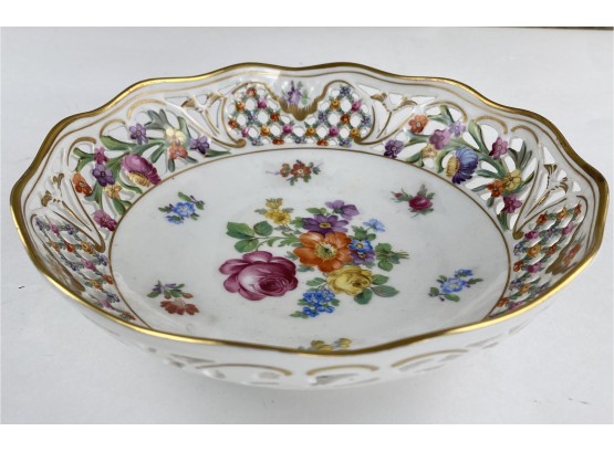 Vintage Schumann Bavaria Dresdener / Dresden Pierced Low Bowl In Floral And Gilt Pattern