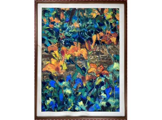 Large Framed Painting On Paper Tiger Lilys By Fay Peck, August 1973