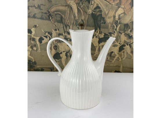 Mid Century Vintage White Ceramic Coffee Server, Coffee Pot With Brass Top Handle