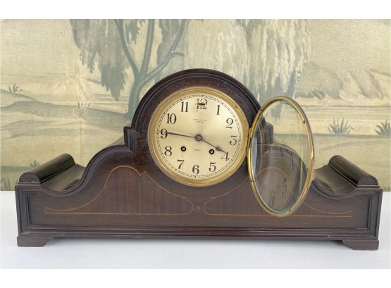 Spaulding & Co Chicago, Chelsea Hand Carved Inlaid Wood And Brass Mantel Clock