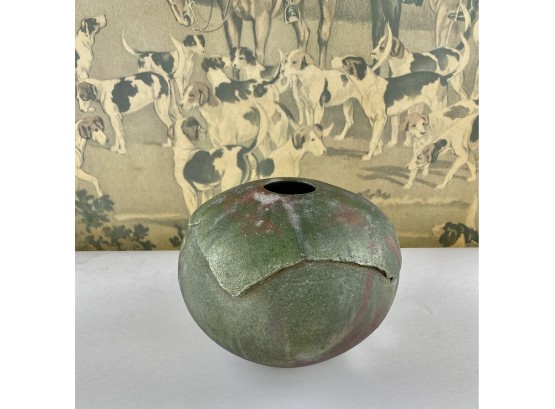 Hand Thrown, Raku Fired, Mettalic Glaze Organic Sphere Vase, Signed