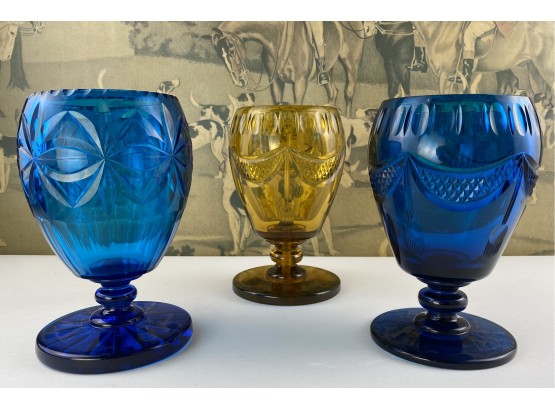 3 Large Bohemian Vintage Glass Pedestal Vases In Blue And Ochre Or Amber Yellow