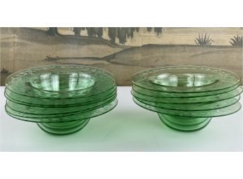 11 Pcs Vintage Or Antique Royal Green Etched Glass Dessert Or Soup Bowls