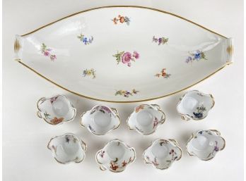Hand Painted Floral Ceramic Serving Dish And Small Serving Dishes With Gold Trim Made In Portugal