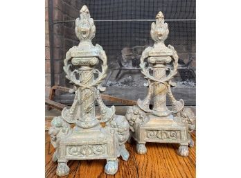 Antique French Empire Style Brass Fire Andirons.