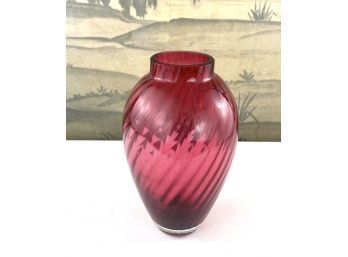 Vintage Tiffany & Co. Cranberry Glass, Fluted Swirl Vase