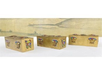 3 Antique Brass And Enamel Chinese Spice Boxes