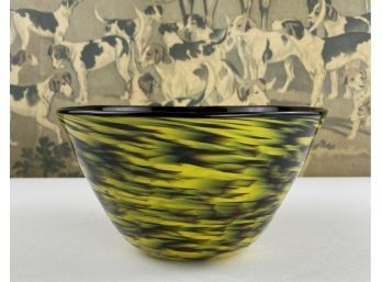 Hand Blown Artisan Glass Bowl In Yellow And Tortoise Signed Eakolo