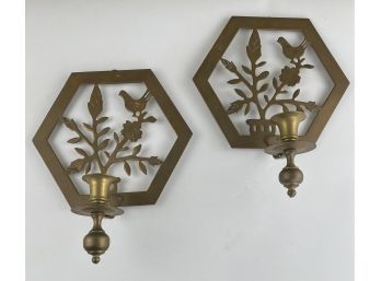 Pair Of Hexagonal Brass Candle Wall Sconces, With Birds And Fauna