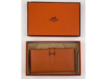 New, In Box Hermes Orange Pebbled Bearn Leather Wallet