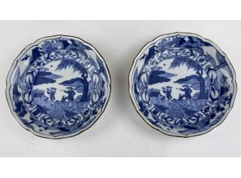 Pair Blue And White Asian Hand Painted Cermaic Or Porcelain Bowls