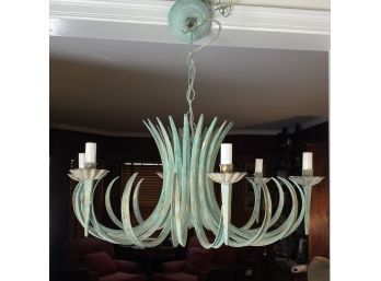 6 Candleabra Nouveau Style Ceiling Pendant Or Chandelier In Corroded Copper Patina