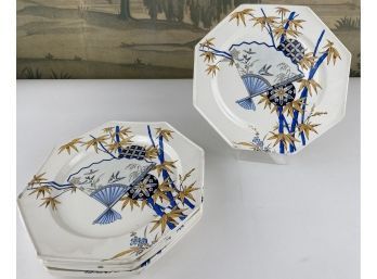 7 Pcs Minton Transfer Bamboo And Fan ,octagonal Ceramic Plates With Blue White And Yellow