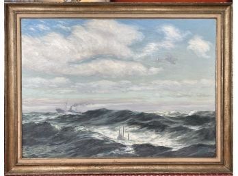Original Oil On Canvas - Ships In Rolling Waves Signed By Charles Edward Hallberg