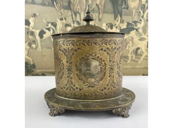 Vintage Brass & Metal, Stamped With Holly And Ivy, Footed Hinged Lidded Container