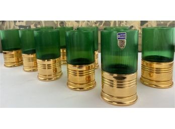 10 Green Glass And Ceramic With Gilt Glaze Shotgun  Shell 'Big Shot Xxx' Mid Century Glasses