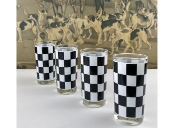 4 Mid Century Black And White Check High Ball -  Glass Tumblers