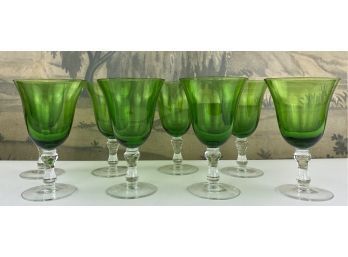 8 Vintage Green Glass With Clear Crystal Stemware Glasses Or Goblets